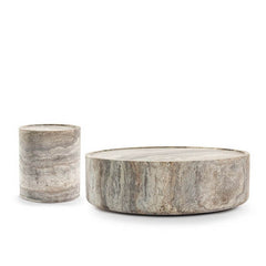 Alo Cylinder Travertine Drum Side Table Silver Travertine