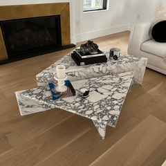 Calacatta Viola  Travertine Marble Triangle 2 Pieces Italian Design Coffee Table